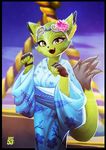  2016 adry53 anthro clothing corazon_tea eyewear feline female fingerless_gloves flower flower_in_hair freedom_planet freedom_planet_2 fur gloves goggles green_fur mammal open_mouth plant solo video_games wildcat yellow_eyes 