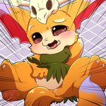  big_ears blush brown_eyes claws cub feet fur gnar_(lol) league_of_legends looking_at_viewer m@rt open_mouth orange_fur skull solo tongue tusks video_games yordle young 