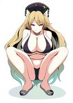  alternate_costume amisu bare_legs bare_shoulders bikini black_bikini blonde_hair breast_hold breasts cleavage closed_mouth collarbone commentary_request crescent crossed_arms full_body hat highres huge_breasts junko_(touhou) long_hair looking_at_viewer red_eyes sandals sideboob smile solo squatting swimsuit touhou very_long_hair white_background 