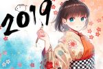  1girl 2019 bangs blue_eyes blush boar brown_hair calligraphy_brush checkered closed_mouth commentary_request eyebrows_visible_through_hair floral_background floral_print from_side hami_yura holding_brush ink japanese_clothes kimono long_sleeves looking_at_viewer looking_to_the_side multicolored multicolored_background new_year obi original paintbrush print_kimono sash short_hair smile solo tareme upper_body wide_sleeves yukata 