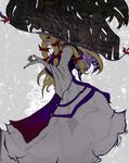  abstract_background blonde_hair bow commentary_request dress from_side gap grey_background hair_bow horror_(theme) image_fill long_hair looking_at_viewer nail_polish pointing purple_eyes red_bow red_nails robe smile solo tabard tabazi tentacles touhou very_long_hair white_dress yakumo_yukari 