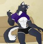  2016 black_fur brown_eyes canine fur looking_at_viewer male mammal muscular oscalie seductive simple_background sofa solo white_fur wolf 