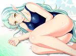  absurdres aqua_hair ass blue_swimsuit breasts cleavage dripping highres legs_together long_hair looking_at_viewer lying medium_breasts muzet_(tales) on_side one-piece_swimsuit pazuzu438 pointy_ears school_swimsuit smile solo swimsuit tales_of_(series) tales_of_xillia tales_of_xillia_2 water water_drop wet yellow_eyes 
