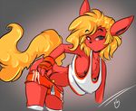  anthro black_sclera blonde_hair cinnamon_swirl clothed clothing duckdraw eeveelution female fingerless_gloves flareon flat_chested fluffy fluffy_tail gloves hair nintendo nipples pok&eacute;mon pubes shirt shorts simple_background solo video_games wide_hips 
