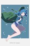  2016 artist_name backpack bag barefoot blue_eyes blue_hair bubble dated eyebrows eyebrows_visible_through_hair hair_bobbles hair_ornament hat highres holding_breath kawashiro_nitori legs namauni one-piece_swimsuit shirt short_hair sleeves_past_elbows sleeves_rolled_up solo swimsuit swimsuit_under_clothes touhou two_side_up underwater webbed_feet white_swimsuit 