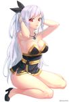  adjusting_hair aken armpits breasts cleavage dungeon_and_fighter female_slayer_(dungeon_and_fighter) full_body high_heels highres jewelry large_breasts long_hair looking_at_viewer necklace red_eyes simple_background sitting sleeveless solo very_long_hair wariza white_background white_hair 