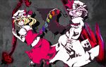  blonde_hair bow commentary_request crystal dress flandre_scarlet grey_background grin gungnir_(weapon) hat hat_bow laevatein lavender_hair long_hair looking_at_viewer mob_cap multiple_girls polearm red_bow red_eyes remilia_scarlet siblings side_ponytail sisters skirt smile spear tabazi touhou weapon whorled_hair wings wrist_cuffs 