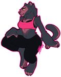  4_toes barefoot black_claws black_eyes black_fur breasts claws clothing digitigrade dominate_(artist) feline female fluffy fur looking_away mammal midrift navel neck_tuft panther pants shirt sitting tank_top toe_claws toes tuft yellow_sclera 