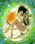  barefoot blue_eyes egg egg_yolk eggshell fetal_position flat_chest floating from_side full_body green green_hair green_ribbon hair_ribbon highres leaf long_hair looking_at_viewer looking_to_the_side nude open_mouth parted_lips placenta plant plantar_flexion profile ribbon saya saya_no_uta skyneko solo umbilical_cord uterus very_long_hair vines x-ray 