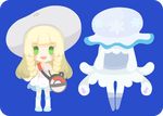  :d bag bangs blonde_hair blue_background blush_stickers chibi dress duffel_bag full_body gen_7_pokemon green_eyes hat jellyfish lillie_(pokemon) long_hair nihilego open_mouth pokemon pokemon_(creature) pokemon_(game) pokemon_sm rizu_(rizunm) short_dress smile standing sun_hat tentacle_hair ultra_beast white_dress white_hat 