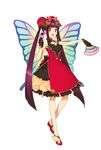  :d absurdres bare_legs bare_shoulders black_gloves butterfly_wings commentary_request dress fan full_body gloves gown hair_ribbon highres holding holding_fan holding_microphone lanhua long_hair looking_at_viewer mermaid_melody_pichi_pichi_pitch microphone no_socks ohisashiburi open_mouth purple_hair red_footwear red_ribbon ribbon shoes simple_background smile solo standing twintails very_long_hair white_background wings 