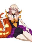  breasts cleavage collarbone eyebrows eyebrows_visible_through_hair grey_eyes hair_between_eyes ikkitousen large_breasts long_hair pumpkin shibai_chuutatsu simple_background sitting smile solo tattoo white_background 