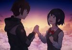  1girl black_eyes black_hair blue_eyes bow bowtie brown_hair clenched_hand cloud crying crying_with_eyes_open holding_hands hood hooded_jacket interlocked_fingers jacket kimi_no_na_wa long_sleeves looking_at_another miyamizu_mitsuha night night_sky open_mouth red_bow red_neckwear roll_okashi school_uniform short_hair sky star_(sky) tachibana_taki tears upper_body vest wing_collar 