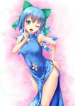  ;d alternate_costume armpits bad_id bad_nicoseiga_id bare_arms bare_legs bare_shoulders blue_dress blue_eyes blue_hair blush bow breasts china_dress chinese_clothes cirno contrapposto cowboy_shot dress green_bow hair_bow hand_on_hip highres ice ice_wings index_finger_raised kirimori_toya looking_at_viewer navel navel_cutout no_panties one_eye_closed open_mouth pelvic_curtain pink_background short_hair short_sleeves simple_background sleeveless sleeveless_dress small_breasts smile solo standing thighs touhou wings 
