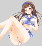  bikini blush breasts brown_eyes brown_hair highres idolmaster idolmaster_cinderella_girls long_hair medium_breasts navel nitta_minami rikudou_inuhiko sailor_bikini sailor_collar sailor_swimsuit_(idolmaster) simple_background solo swimsuit visor_cap 