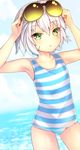  :o adjusting_eyewear armpits bangs blue_swimsuit blush casual_one-piece_swimsuit chaldea_lifesavers chestnut_mouth cloud colored_eyelashes cowboy_shot day eyebrows eyebrows_visible_through_hair eyewear_on_head facial_scar fate/apocrypha fate/grand_order fate_(series) flat_chest green_eyes hair_between_eyes hands_up jack_the_ripper_(fate/apocrypha) looking_at_viewer ocean one-piece_swimsuit outdoors parted_bangs saotome_mirai scar scar_on_cheek short_hair sky solo standing striped striped_swimsuit sunglasses surprised swimsuit water white_hair white_swimsuit 