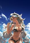  almeida_(granblue_fantasy) animal_ears bare_shoulders bikini black_bikini blue_eyes breasts cleavage cloud commentary_request cowboy_shot day draph earrings food granblue_fantasy grey_hair halterneck hat highres holding horns jewelry large_breasts long_hair looking_at_viewer navel_piercing one_eye_closed piercing popsicle redjuice revision sideboob skindentation sky solo sweat swimsuit twintails underboob very_long_hair 