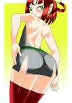  1girl ass back backless_outfit batsu_(takuan_to_batsu_no_nichijou_enmachou) blush chinese_clothes flat_chest from_behind green_eyes hair_rings halterneck huge_ass looking_at_viewer looking_back pointy_ears red_hair red_legwear ringed_eyes shiny shiny_clothes shiny_hair shiny_skin short_hair solo takuan_to_batsu_no_nichijou_enmachou thighhighs zouzou 