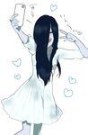  1girl dress female hair_over_one_eye happy long_hair phone short_dress simple_background solo the_ring white_background yamamura_sadako 