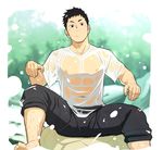  barefoot black_eyes black_hair blurry closed_mouth depth_of_field haikyuu!! itto_(mentaiko) leg_hair male_focus navel pants pants_rolled_up rock sawamura_daichi solo spread_legs water wet wet_clothes 