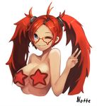  ;) antenna_hair bad_id bad_pixiv_id bangs blue_eyes breasts glasses hair_ornament large_breasts long_hair mary_lucy notte nude one_eye_closed parted_bangs parted_lips pasties red-framed_eyewear red_hair semi-rimless_eyewear signature smashing_the_battle smile solo star_pasties twintails under-rim_eyewear upper_body v white_background 