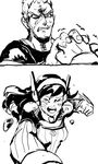  crying d.va_(overwatch) facial_mark greyscale highres monochrome njike overwatch pilot_suit ponytail soldier:_76_(overwatch) whisker_markings 