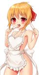  alternate_hairstyle apron blonde_hair blush food hair_ribbon highres licking looking_at_viewer melting naked_apron open_mouth ponytail popsicle red_eyes ribbon rumia sash shiron_(e1na1e2lu2ne3ru3) short_hair simple_background solo tongue tongue_out touhou white_background 