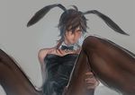  1boy bare_shoulders bowtie brown_hair bunny_ears choker closed_mouth crossdressing dark_skin fake_animal_ears fishnet_pantyhose fishnets grey_background highleg highleg_leotard leg_grab leotard male_focus multicolored_hair ookurikara pantyhose personification red_hair simple_background solo spread_legs sweat thigh_grab touken_ranbu tsurime yamakawa_umi yellow_eyes 