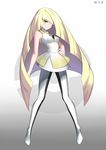  bare_arms blonde_hair blush crystal dated full_body green_eyes hair_over_one_eye hand_on_hip highres long_hair looking_at_viewer lusamine_(pokemon) muta_(csw) pokemon pokemon_(game) pokemon_sm sleeveless smile solo standing very_long_hair white_background 