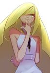  arm_behind_back bare_arms bare_shoulders blonde_hair covering_mouth crystal green_eyes hair_over_one_eye long_hair looking_at_viewer lusamine_(pokemon) pokemon pokemon_(game) pokemon_sm sleeveless smile solo tostantan very_long_hair white_background 