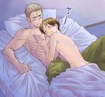  2boys bed blanket blush dreaming lying male_focus masanori multiple_boys muscle nipples pecs pillow size_difference sleeping smile 