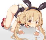  all_fours animal_ears ass bare_shoulders blonde_hair blush brown_eyes bunny_ears bunny_girl bunny_tail bunnysuit commentary_request fake_animal_ears futaba_anzu high_heels idolmaster idolmaster_cinderella_girls leotard long_hair looking_at_viewer low_twintails mirakichi solo sweat tail top-down_bottom-up twintails wrist_cuffs 