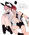  2boys black_legwear blush bunny_ears cum detached_sleeves edanaka hand_around_wrist high_speed! lollipop looking_at_viewer male_focus multiple_boys navel pink_hair purple_eyes red_hair shigino_kisumi shiina_asahi short_hair shorts sitting socks suspenders tears text undressing white_background 