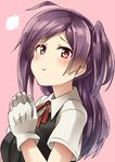  :t ahoge asymmetrical_hair black_vest blush breasts buttons closed_mouth eyebrows eyebrows_visible_through_hair fume gloves hagikaze_(kantai_collection) highres kamelie kantai_collection long_hair looking_at_viewer medium_breasts neck_ribbon one_side_up pink_background pout purple_eyes purple_hair red_ribbon ribbon shirt short_sleeves simple_background solo upper_body vest white_gloves white_shirt 