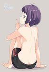  antenna_hair araki_rena arm_at_side artist_name back bare_legs barefoot beige_background bike_shorts black_shorts blush breasts butt_crack closed_mouth from_behind full_body green_eyes index_finger_raised kichihachi knees_to_chest knees_up looking_at_viewer medium_breasts profile purple_hair short_hair shorts sideboob simple_background sitting smile solo tokyo_7th_sisters topless 