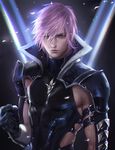  1boy armor artist_name belt blue_eyes chromatic_aberration clenched_hand closed_mouth final_fantasy final_fantasy_xiii genderswap gloves halterneck lightning_farron male_focus muscle pink_hair sakimichan solo upper_body wavy_hair 
