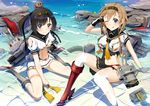  akizuki_(kancolle) areola bandaid heels kantai_collection lu&quot; seifuku teruzuki_(kancolle) thighhighs torn_clothes wet 