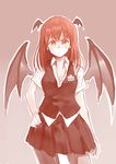  :/ bat_wings blush breasts cleavage closed_mouth collared_shirt contrapposto demon_wings dress_shirt hand_on_hip head_wings koakuma looking_at_viewer medium_breasts miniskirt name_tag open_clothes outline pantyhose red_hair sawaya_(mizukazu) shirt skirt skirt_set solo standing touhou translated vest white_shirt wings yellow_eyes 
