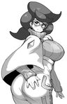  ass big_hair breasts glasses greyscale highres large_breasts looking_back monochrome pokemon pokemon_(game) pokemon_sm ribbed_sweater simple_background smile solo sweater synecdoche turtleneck turtleneck_sweater wicke_(pokemon) 