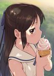  bare_shoulders blue_bow bow brown_eyes brown_hair dappled_sunlight day eating fingernails food from_side hair_bow half_updo ice_cream ice_cream_cone idolmaster idolmaster_cinderella_girls long_hair outdoors pettan_p profile sailor_collar shadow shirt sleeveless sleeveless_shirt solo sunlight tachibana_arisu upper_body white_shirt 