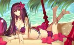  anklet barefoot bikini breasts fate/grand_order fate_(series) flower gae_bolg hair_flower hair_ornament hibiscus huge_breasts jewelry kauto long_hair looking_at_viewer lying on_stomach palm_tree polearm purple_hair red_eyes scathach_(fate)_(all) scathach_(swimsuit_assassin)_(fate) shore solo spear swimsuit tree weapon 
