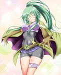  bike_shorts blush breasts cameltoe closed_eyes duel_angel duel_monster elbow_gloves gloves green_hair hair_ornament highres long_hair medium_breasts microskirt open_mouth ponytail skirt solo spiritual_beast_tamer_winda winda_priestess_of_gusto yuu-gi-ou 