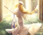 alicia_florence aria blonde_hair braid dolce_(dolsuke) dress floating_hair gloves glowing gondola hat light_smile long_hair long_sleeves looking_back paddle parted_lips pillar single_braid solo sunlight uniform very_long_hair white_gloves 