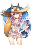  animal_ears bikini blue_bikini breasts cleavage collarbone ears_through_headwear fate/extra fate/grand_order fate_(series) fox_ears fox_tail grimjin hat highres large_breasts navel pink_hair see-through shirt solo straw_hat sun_hat swimsuit t-shirt tail tamamo_(fate)_(all) tamamo_no_mae_(fate) tamamo_no_mae_(swimsuit_lancer)_(fate) wet wet_clothes wet_shirt wet_t-shirt yellow_eyes 