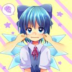  blue_eyes blue_hair bow cheek_pinching cheek_pull cirno commentary_request doroshii hair_bow ice ice_wings looking_at_viewer neck_ribbon pinching pov red_ribbon ribbon short_hair short_sleeves solo spoken_squiggle squiggle star striped striped_background touhou upper_body wavy_mouth wings 