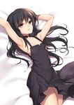  accel_world ahoge armpits bare_shoulders bed_sheet black_dress black_hair brown_eyes collarbone dress flat_chest from_above fuya_(tempupupu) kuroyukihime legs_together long_hair looking_at_viewer looking_up sleeveless sleeveless_dress solo thighs 