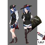  ankle_boots backwards_hat bag baseball_cap black_footwear black_legwear blue_hair blue_shorts boots carrying casual champion_(company) contemporary dress_shirt dual_persona duffel_bag food from_side fruit full_body grey_background hair_between_eyes hat highres hinanawi_tenshi hood hoodie long_hair looking_at_viewer multiple_views open_clothes open_mouth open_shirt peach purple_eyes shirt shoes shorts sleeves_rolled_up smile socks standing star tetsurou_(fe+) thighhighs touhou white_shirt 