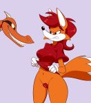 2019 angry anthro bottomless braless breasts canid canine clothed clothing clothing_lift female fox fur gloves hair lonbluewolf mammal multicolored_fur nipples orange_fur pubes pussy red_hair scalie shirt shirt_lift teeth two_tone_fur vikki white_fur 
