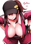  areola_slip areolae artist_name baseball_cap belt breasts brown_eyes brown_hair choker cleavage dated downblouse female_protagonist_(pokemon_go) fingerless_gloves gloves hand_on_hip hanging_breasts hat highres large_breasts leaning_forward leggings lips long_hair looking_at_viewer no_bra open_clothes open_shirt pokemon pokemon_go ponytail shirt shorts simple_background smile solo souryu text_focus white_background 