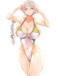  alternate_costume asymmetrical_hair bare_shoulders braid breasts bursting_breasts cloud_print collarbone competition_swimsuit covered_clitoris covered_navel hair_ornament hand_on_head highleg highleg_swimsuit highres kantai_collection large_breasts long_hair maaboo_(asuka1026) one-piece_swimsuit one_eye_closed parted_lips sideboob silver_hair simple_background single_braid solo swimsuit unryuu_(kantai_collection) very_long_hair wet wet_clothes wet_swimsuit wide_hips 